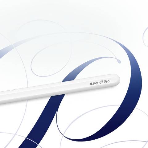 Apple Pencil Pro bianca su uno sfondo bianco con motivo a vortice blu