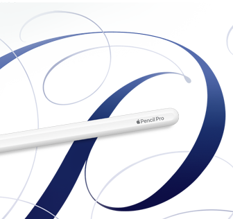 Apple Pencil Pro bianca su uno sfondo bianco con motivo a vortice blu