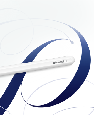 Apple Pencil Pro bianca su uno sfondo bianco con motivo a vortice blu