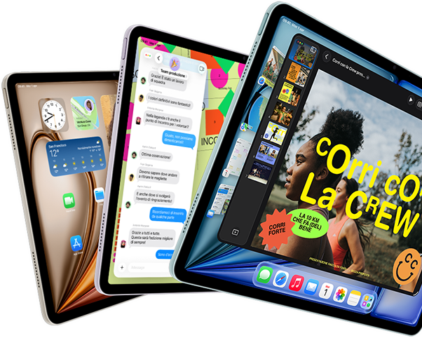 Tre iPad Air disposti a ventaglio nei colori blu, viola e galassia, mostrati di fronte e di lato, con le app Keynote, Messaggi e la schermata Home