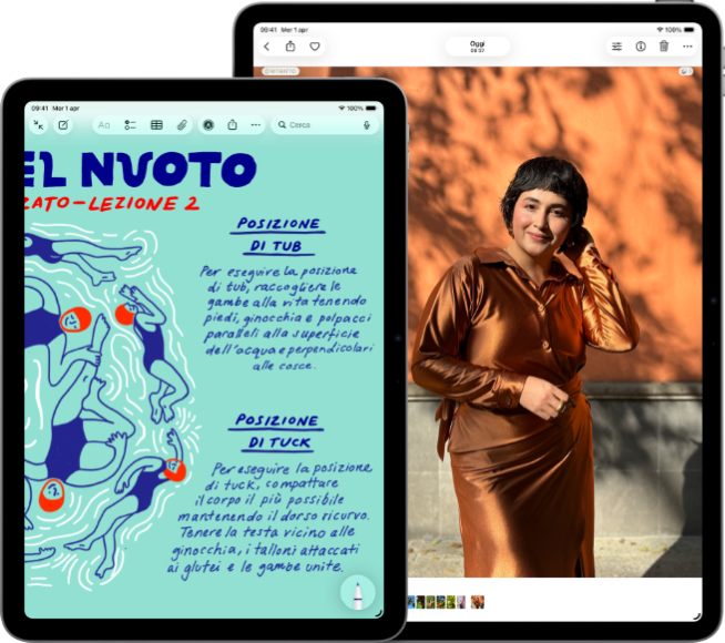 Due iPad Air nei formati da 11 pollici e 13 pollici, quello da 11 pollici mostra del testo colorato nell’app Note, quello da 13 pollici mostra la foto di una persona nell’app Foto