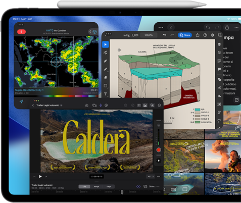 Un iPad Pro color nero siderale, visto di fronte in orizzontale, con una Apple Pencil appoggiata sulla parte superiore. Il display mostra alcune finestre di app disposte a mosaico, tra cui Final Cut Pro con molte funzioni di montaggio video e timeline, Mappe, Note e vari clip multimediali