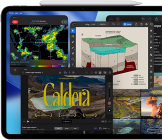 Un iPad Pro color nero siderale, visto di fronte in orizzontale, con una Apple Pencil appoggiata sulla parte superiore. Il display mostra alcune finestre di app disposte a mosaico, tra cui Final Cut Pro con molte funzioni di montaggio video e timeline, Mappe, Note e vari clip multimediali