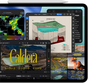 Un iPad Pro color nero siderale, visto di fronte in orizzontale, con una Apple Pencil appoggiata sulla parte superiore. Il display mostra alcune finestre di app disposte a mosaico, tra cui Final Cut Pro con molte funzioni di montaggio video e timeline, Mappe, Note e vari clip multimediali