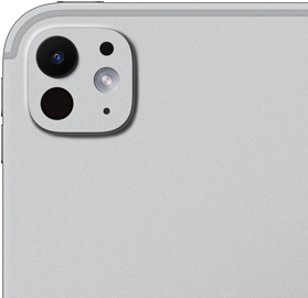 Un iPad Pro color argento, visto da dietro, sistema di fotocamere Pro con obiettivo a cinque elementi e flash True Tone adattivo