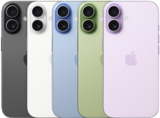 iPhone 17 mostrato da dietro, sistema a doppia fotocamera Fusion, cinque colori disponibili, sovrapposti l’uno sull’altro: nero, bianco, salvia, azzurro nebbia e lavanda