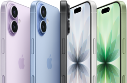 iPhone 17 mostrato di fronte, da dietro e di lato, cinque colori: lavanda, azzurro nebbia, nero, bianco e salvia
