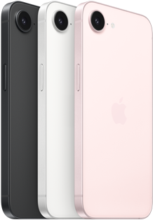 Un iPhone 17e nero in orizzontale mostrato da dietro, un iPhone 17e bianco in orizzontale mostrato da dietro, un iPhone 17e rosa chiaro in orizzontale mostrato da dietro, fotocamera Fusion nella parte superiore, tasto laterale