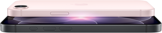 iPhone 17e rosa chiaro, in orizzontale, mostrato da dietro; iPhone 17e nero, in orizzontale, mostrato di fronte