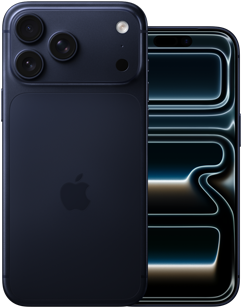 Uno accanto all’altro, un iPhone 17 Pro Max blu profondo mostrato da dietro, con sistema di fotocamere Pro, 3 obiettivi, microfono, flash, e un iPhone 17 Pro blu profondo mostrato di fronte, con design all-screen