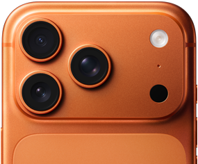 iPhone 17 Pro arancione cosmico mostrato parzialmente da dietro, con sistema di fotocamere Pro nell’angolo in alto a sinistra, 3 obiettivi, microfono e flash