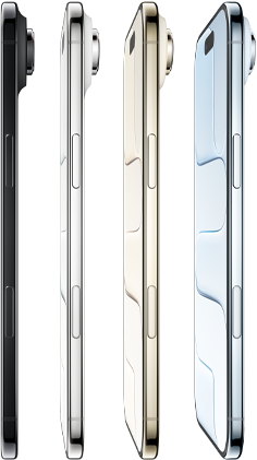 iPhone Air mostrati di lato in tutti e quattro i colori disponibili: celeste, oro chiaro, bianco nuvola, nero siderale; profilo sottilissimo; sistema con fotocamera Fusion; tasti: tasto laterale e tasto del Controllo fotocamera