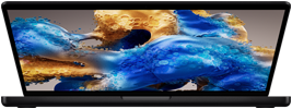 Un MacBook Pro leggermente aperto che mostra una schermata colorata