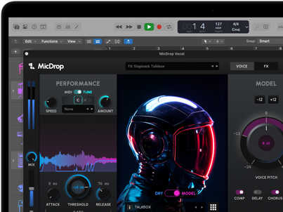 Schermata di un MacBook Pro che mostra il software MicDrop mentre sfrutta funzioni AI per modificare una registrazione vocale