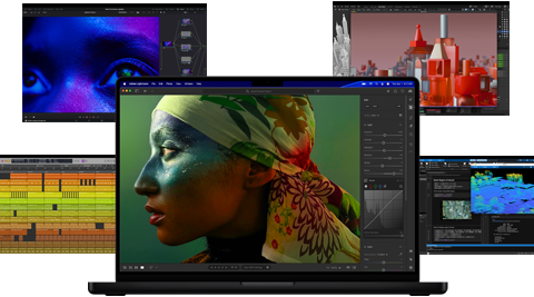 Una serie di schermate colorate provenienti da app per la produzione musicale, il montaggio video, l’animazione 3D e l’editing fotografico su Mac per mostrare le sue potenti prestazioni grafiche