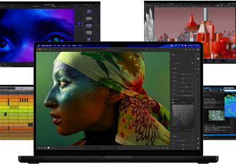 Una serie di schermate colorate provenienti da app per la produzione musicale, il montaggio video, l’animazione 3D e l’editing fotografico su Mac per mostrare le sue potenti prestazioni grafiche