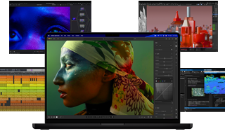 Una serie di schermate colorate provenienti da app per la produzione musicale, il montaggio video, l’animazione 3D e l’editing fotografico su Mac per mostrare le sue potenti prestazioni grafiche