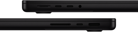 Le porte di MacBook Pro: lato sinistro, porta MagSafe 3, due porte Thunderbolt e jack cuffie; lato destro, slot SDXC card, una porta Thunderbolt e porta HDMI