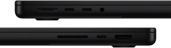 Le porte di MacBook Pro: lato sinistro, porta MagSafe 3, due porte Thunderbolt e jack cuffie; lato destro, slot SDXC card, una porta Thunderbolt e porta HDMI