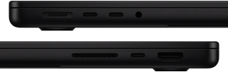 Le porte di MacBook Pro: lato sinistro, porta MagSafe 3, due porte Thunderbolt e jack cuffie; lato destro, slot SDXC card, una porta Thunderbolt e porta HDMI