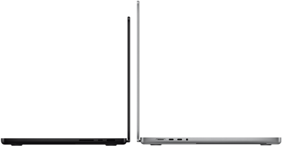 Due MacBook Pro da 14" e da 16" posizionati in modo da confrontarne le dimensioni e metterne in risalto il profilo sottile
