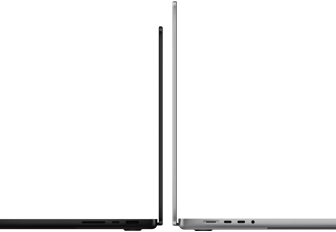 Due MacBook Pro da 14" e da 16" posizionati in modo da confrontarne le dimensioni e metterne in risalto il profilo sottile